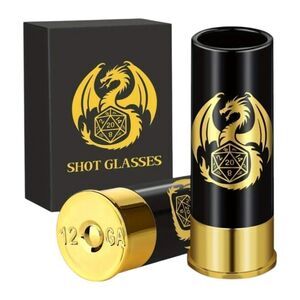 Dungeons & Dragons Dragon D20 Shot Glass Set 12 Gauge Shells Black Gold Barware